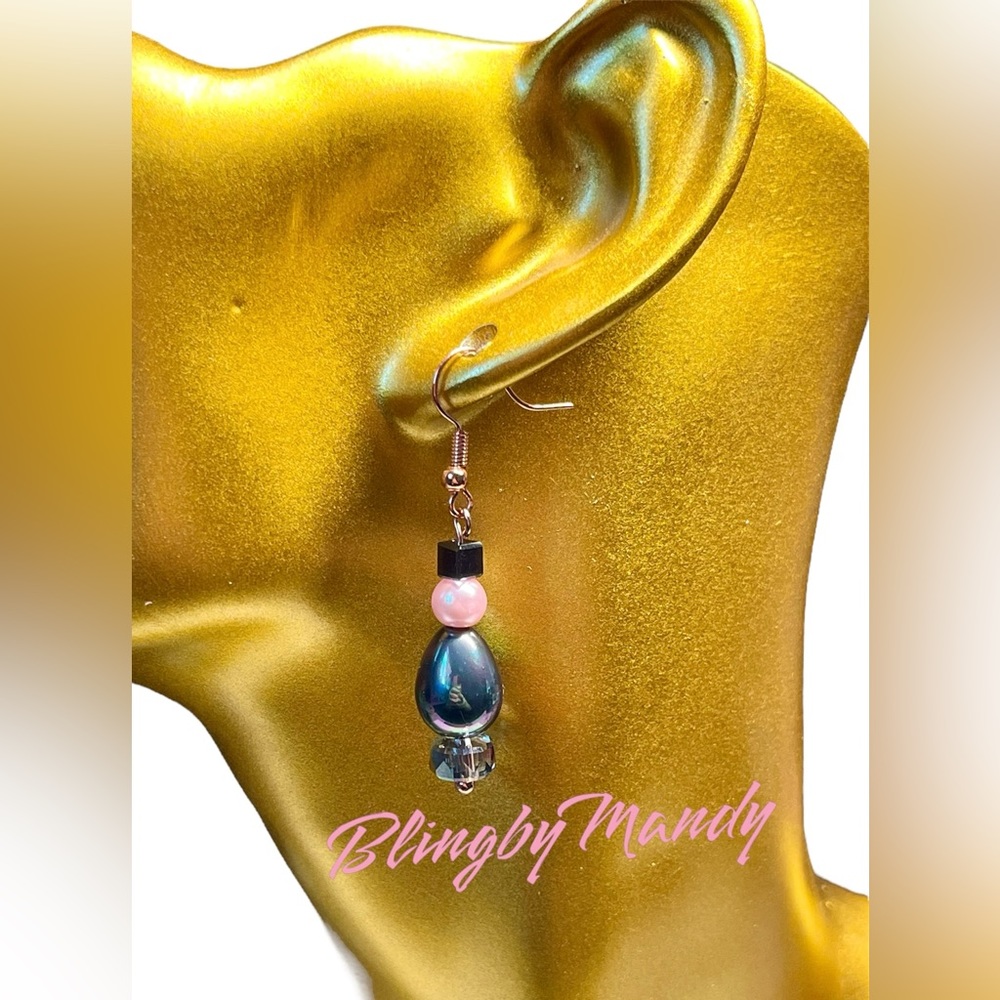 Pretty pearl earrings with pink and black accents-rose gold